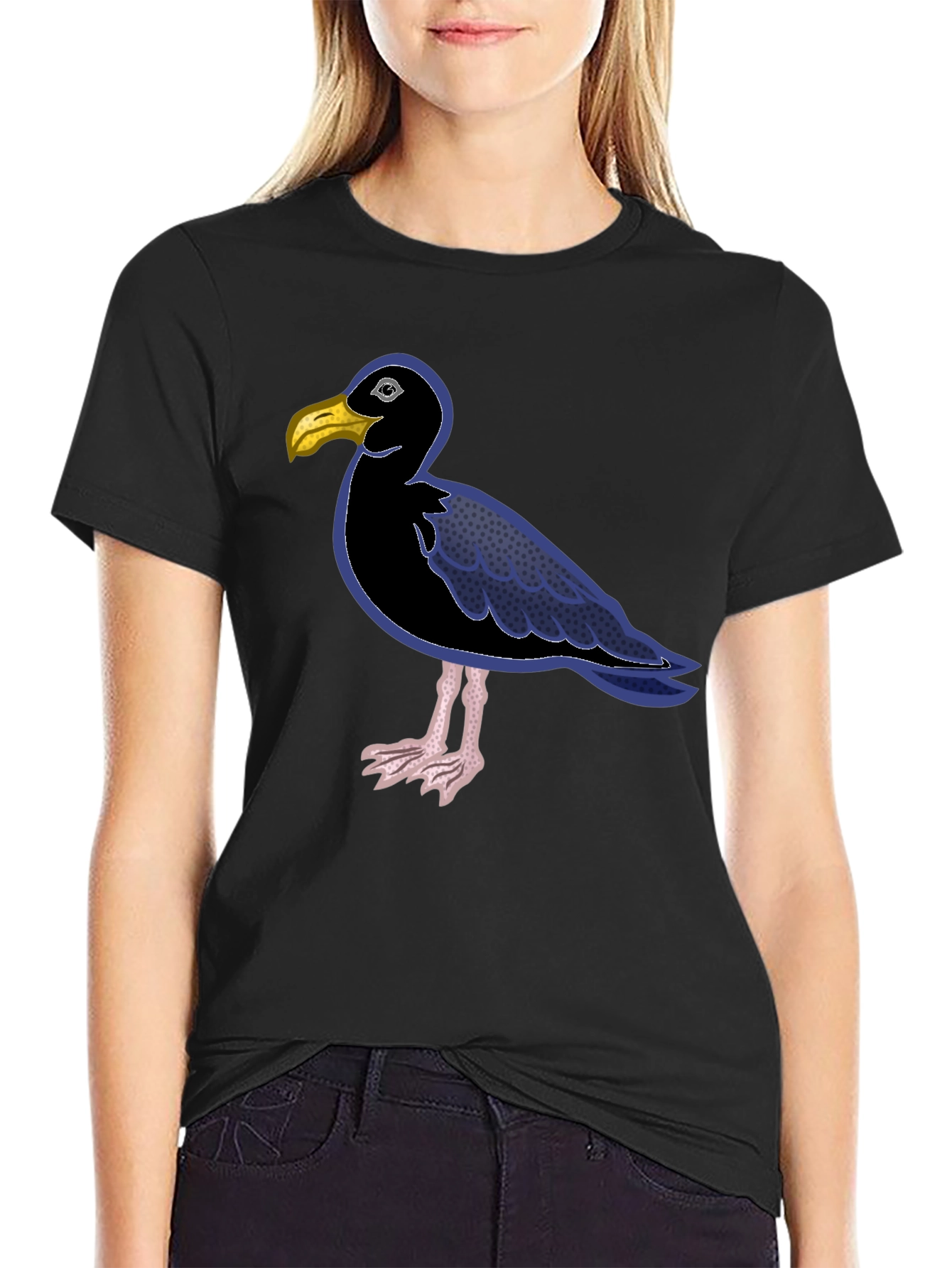Black T-Shirt with Cartoon Seagull Design