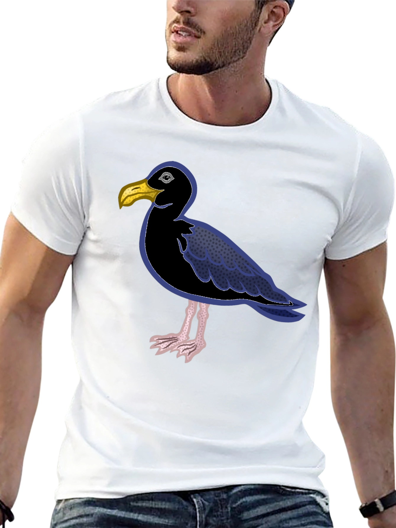 Black T-Shirt with Cartoon Seagull Design