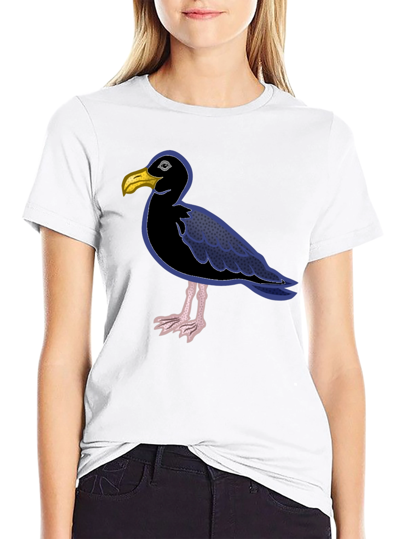 Black T-Shirt with Cartoon Seagull Design