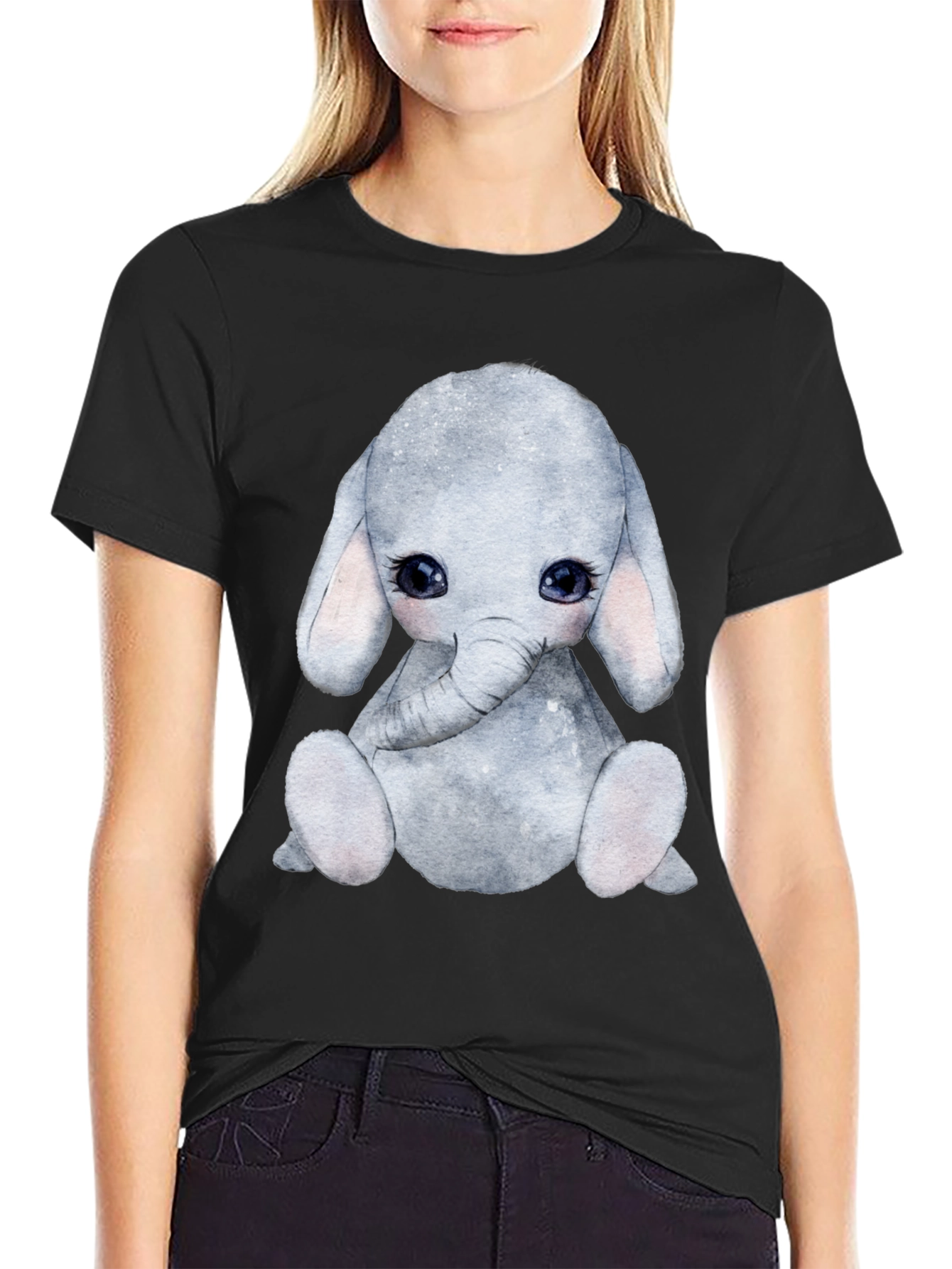 Cute Elephant Graphic Tee - Black