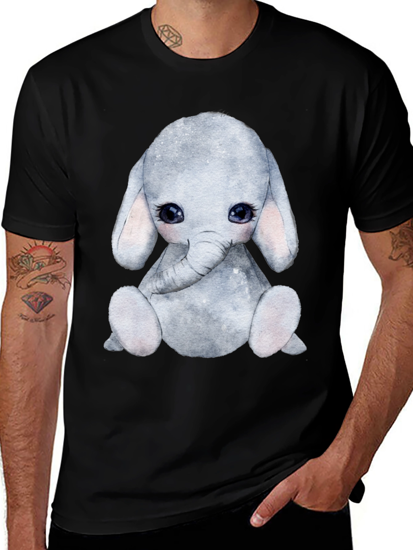 Cute Elephant Graphic Tee - Black