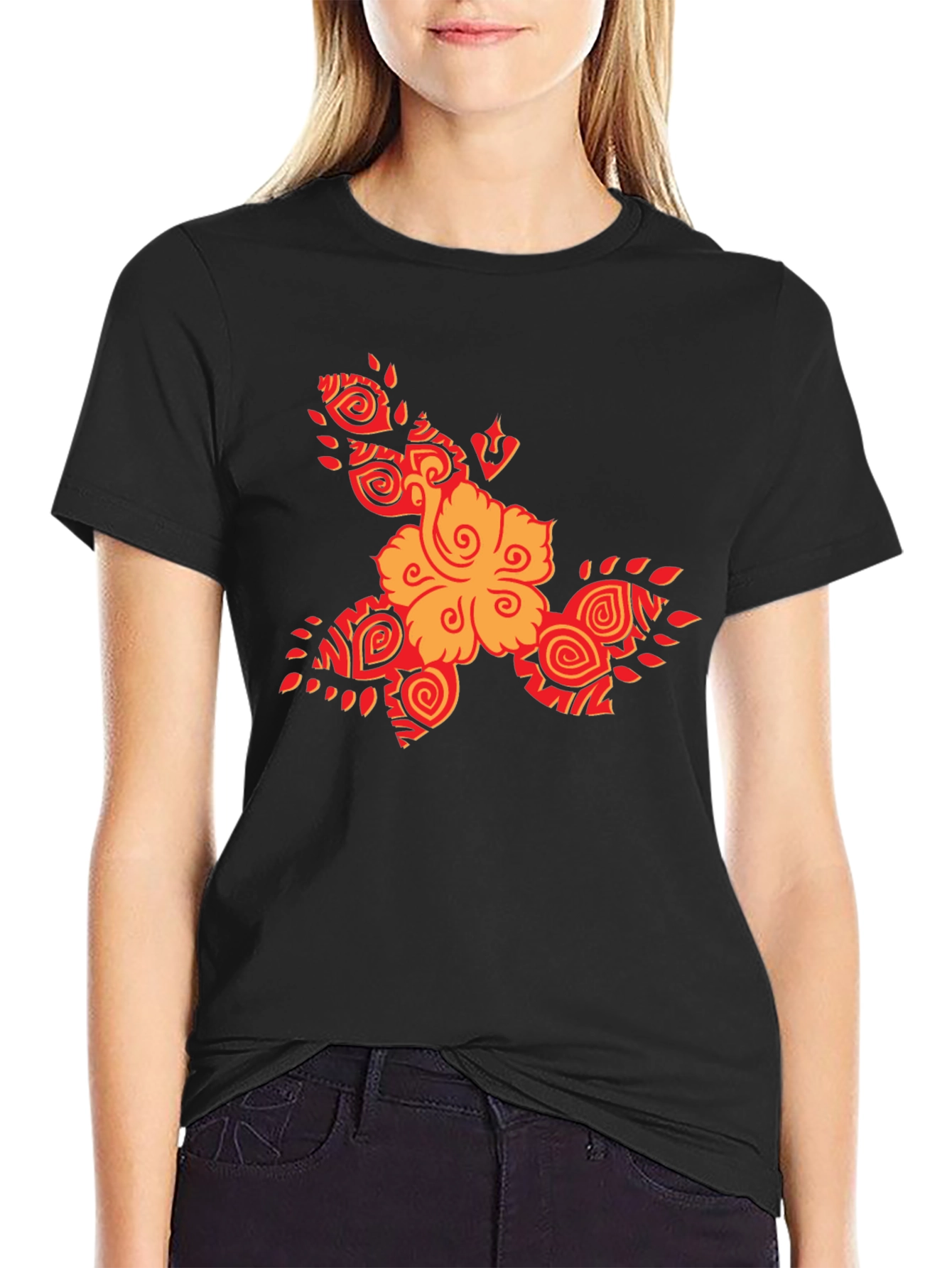 Tribal Flower Graphic Black T-Shirt
