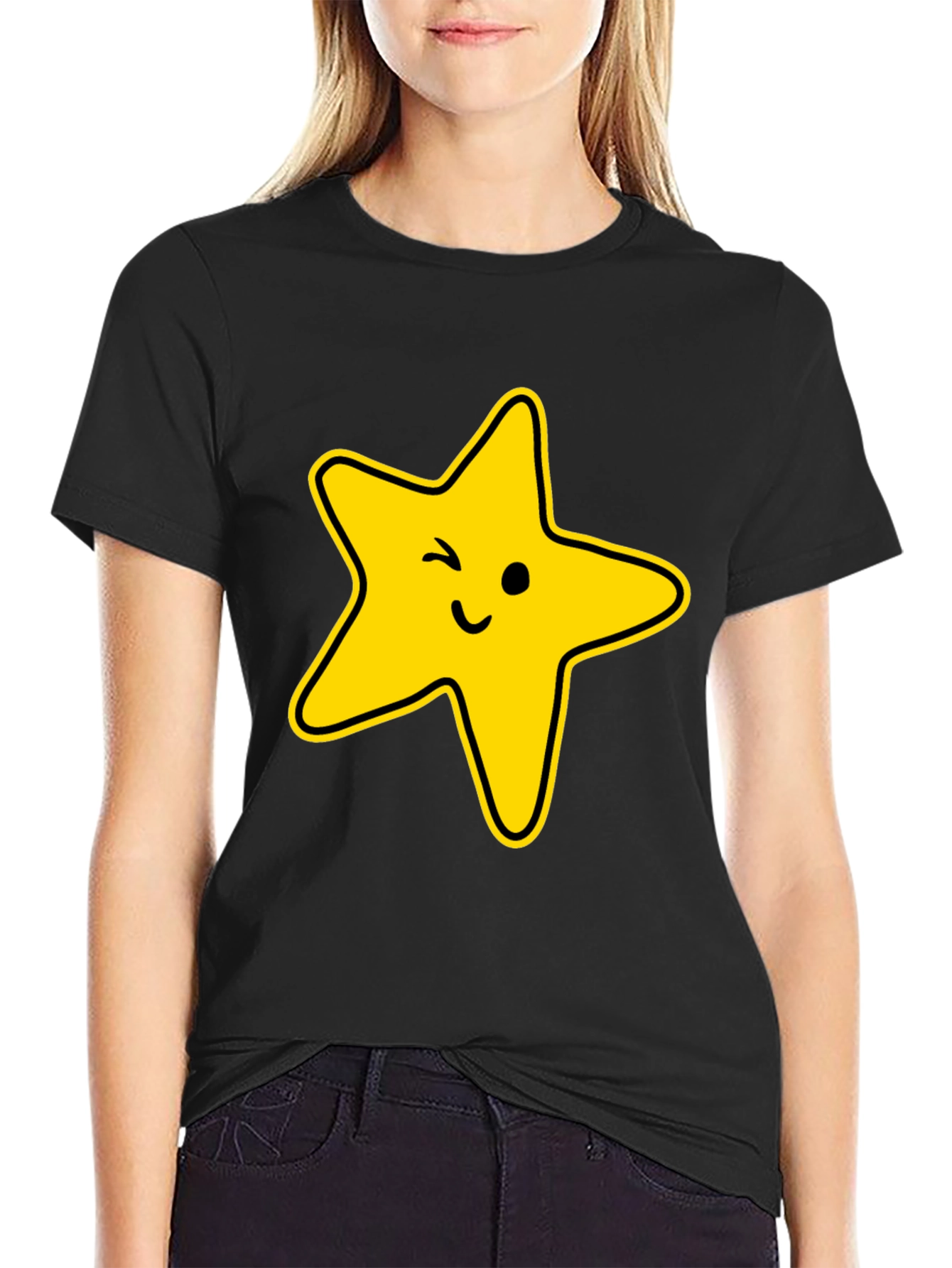 Winking Star Graphic Tee - Black Casual T-Shirt