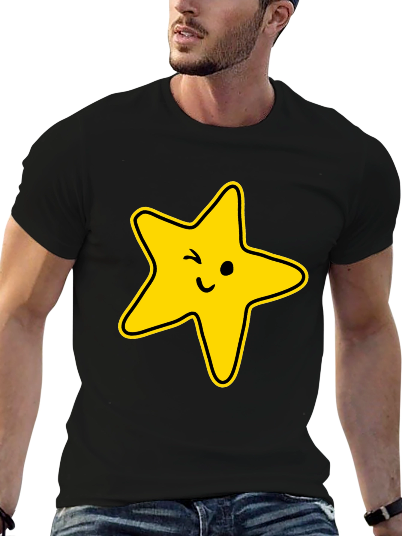 Winking Star Graphic Tee - Black Casual T-Shirt