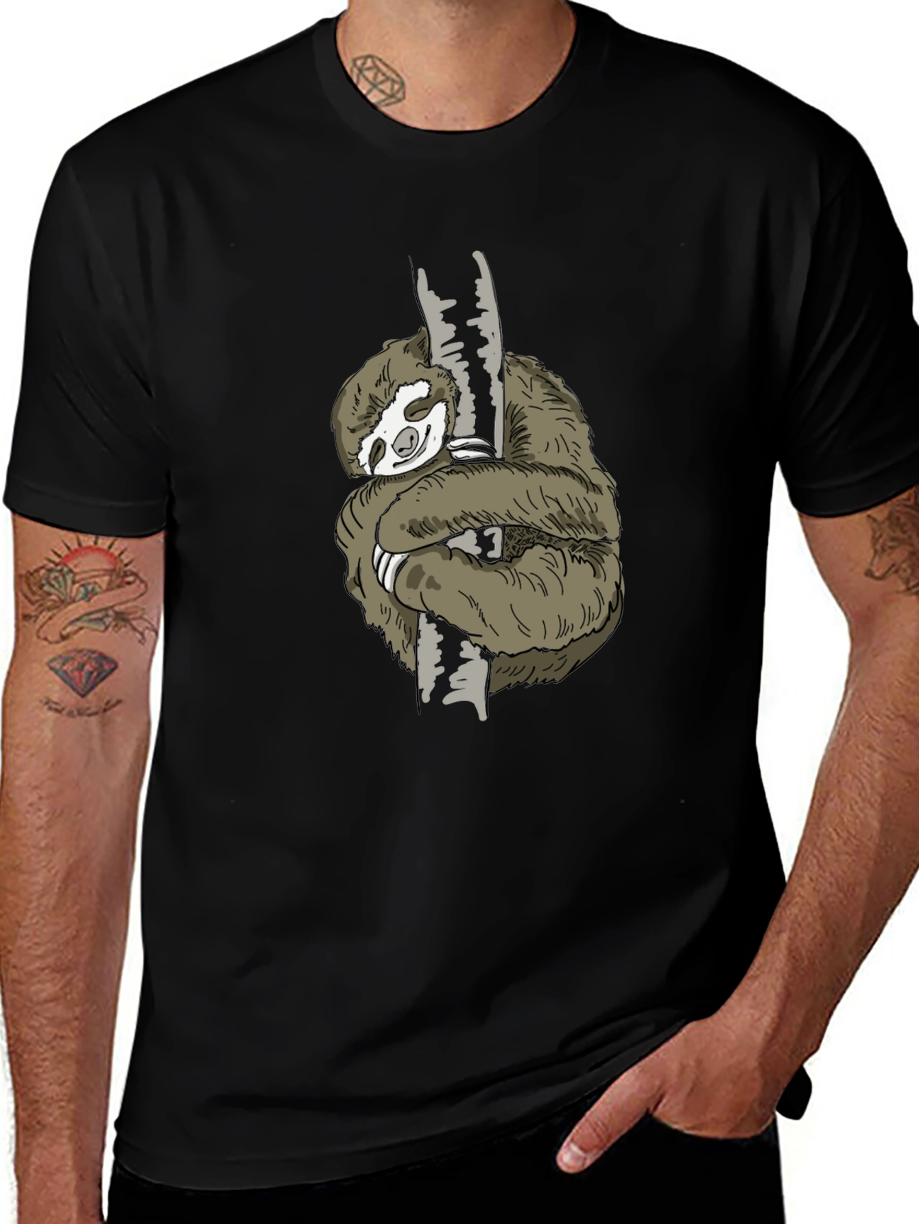 Sloth Hugging Tree T-Shirt - Black
