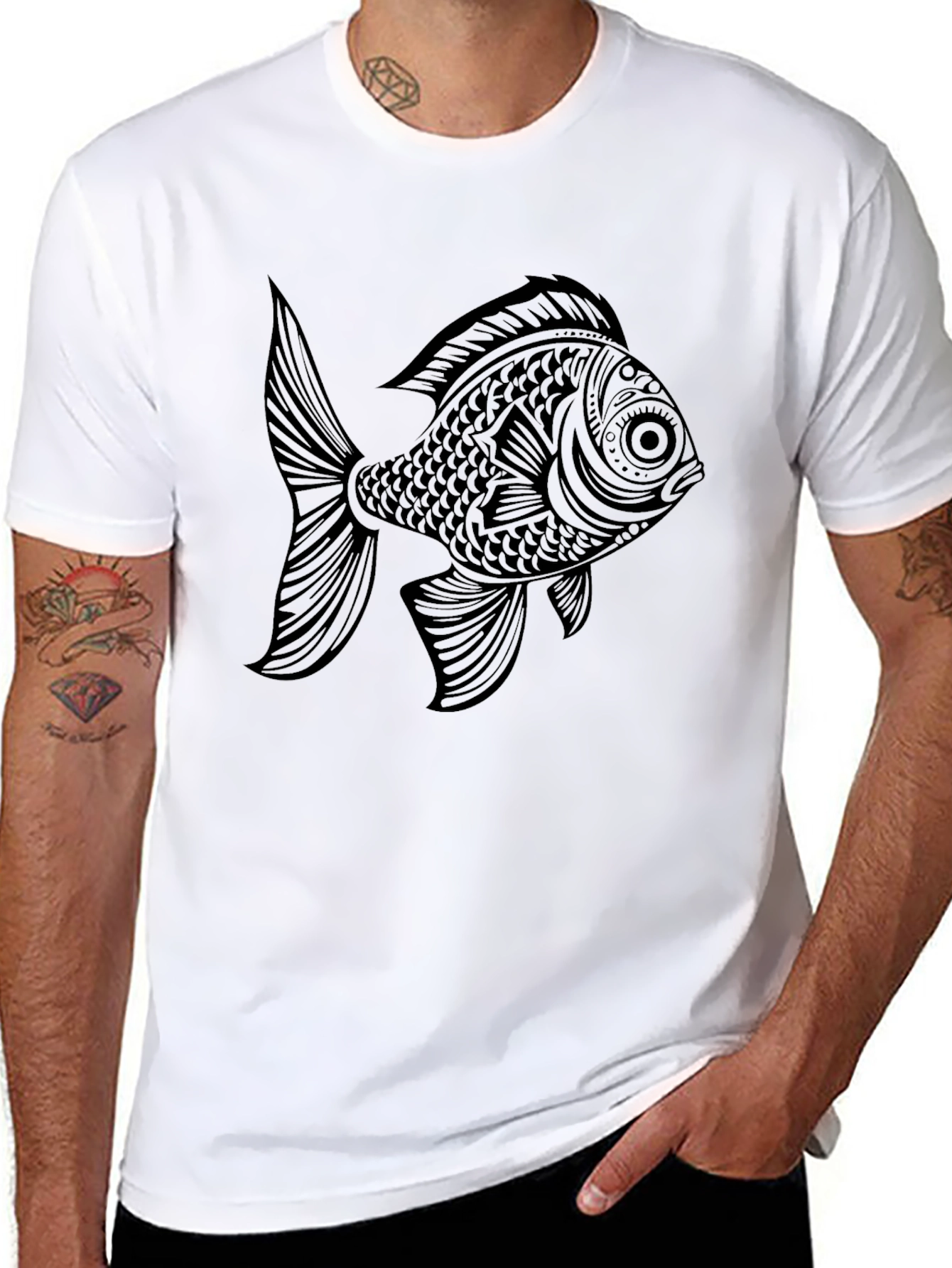 Black T-Shirt with Ornate Fish Graphic
