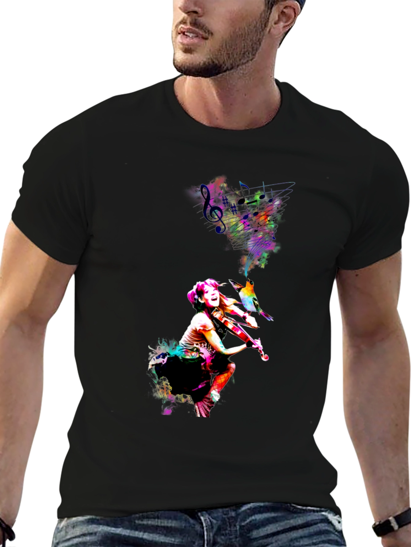 Vibrant Violinist Graphic Tee - Unisex Black T-Shirt