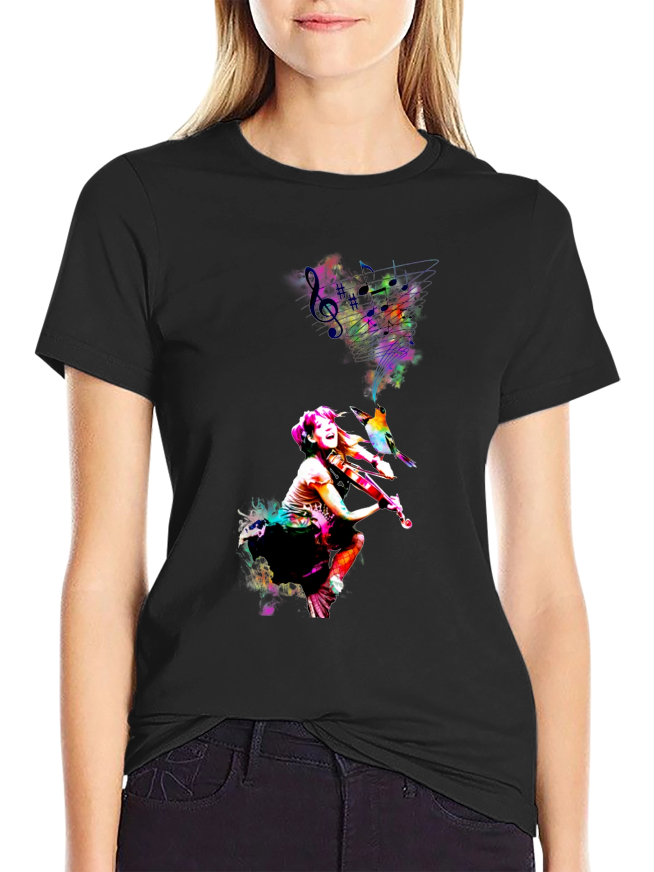 Vibrant Violinist Graphic Tee - Unisex Black T-Shirt