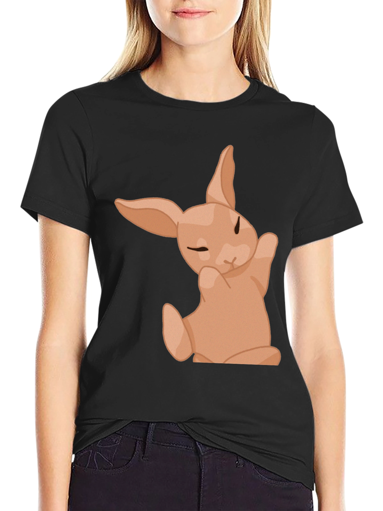 Cute Bunny Graphic Tee - Black Cotton Shirt