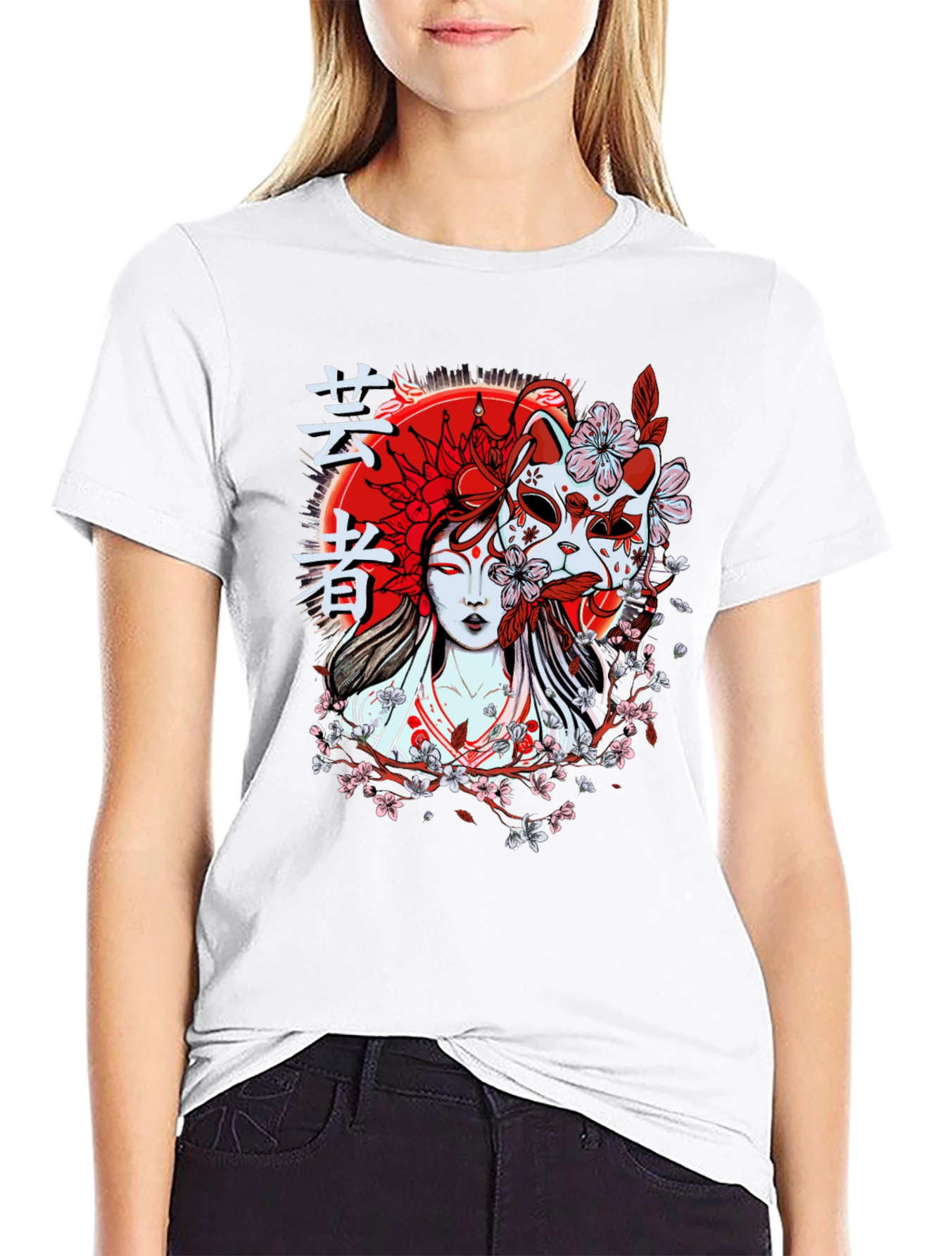 Geisha Mask Graphic T-Shirt - Unique Japanese Style Tee