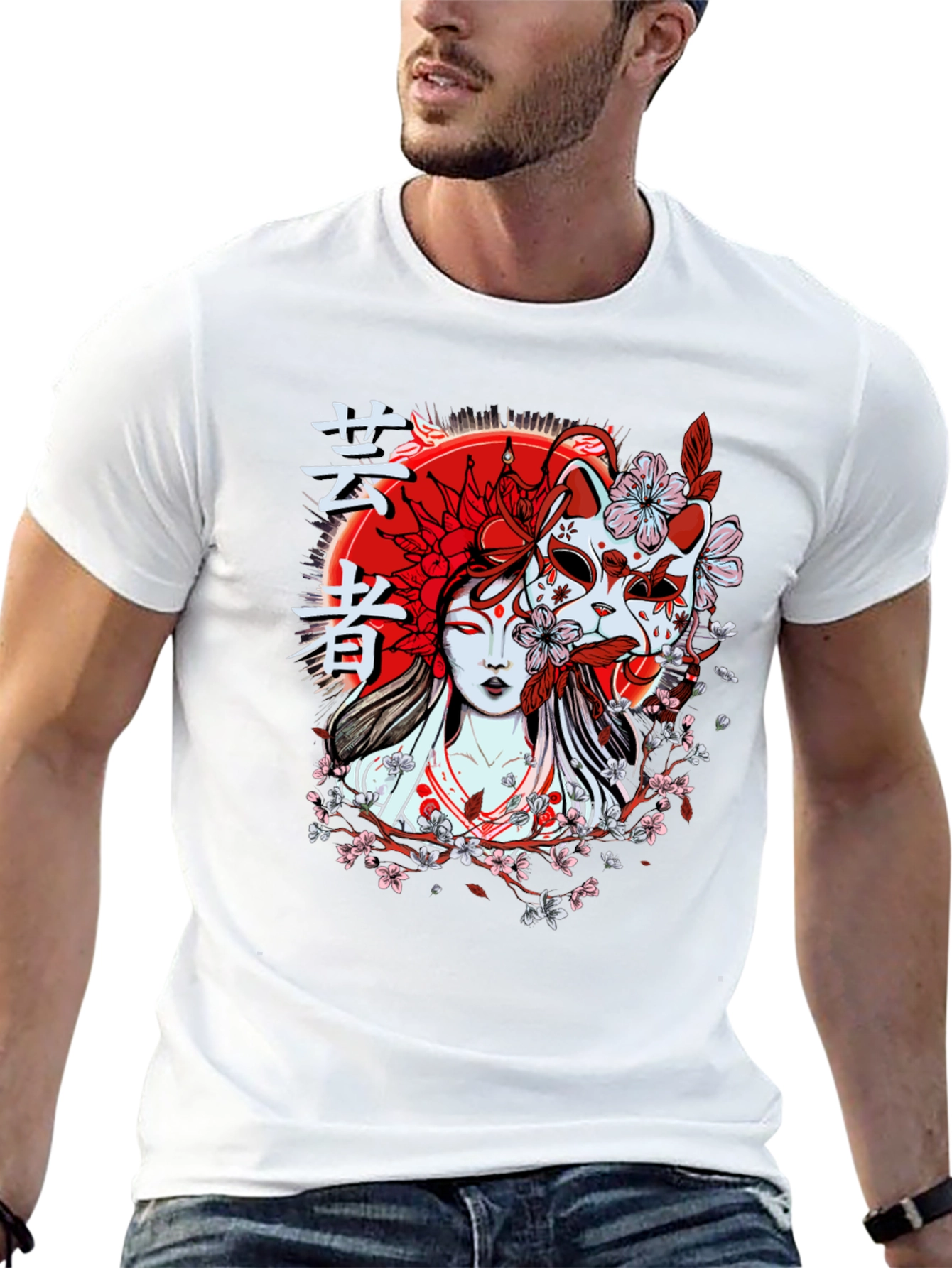 Geisha Mask Graphic T-Shirt - Unique Japanese Style Tee