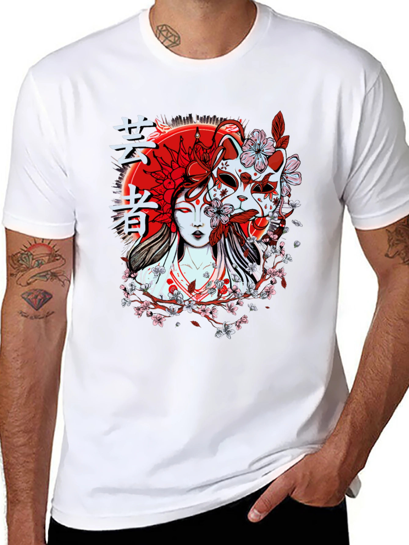 Geisha Mask Graphic T-Shirt - Unique Japanese Style Tee