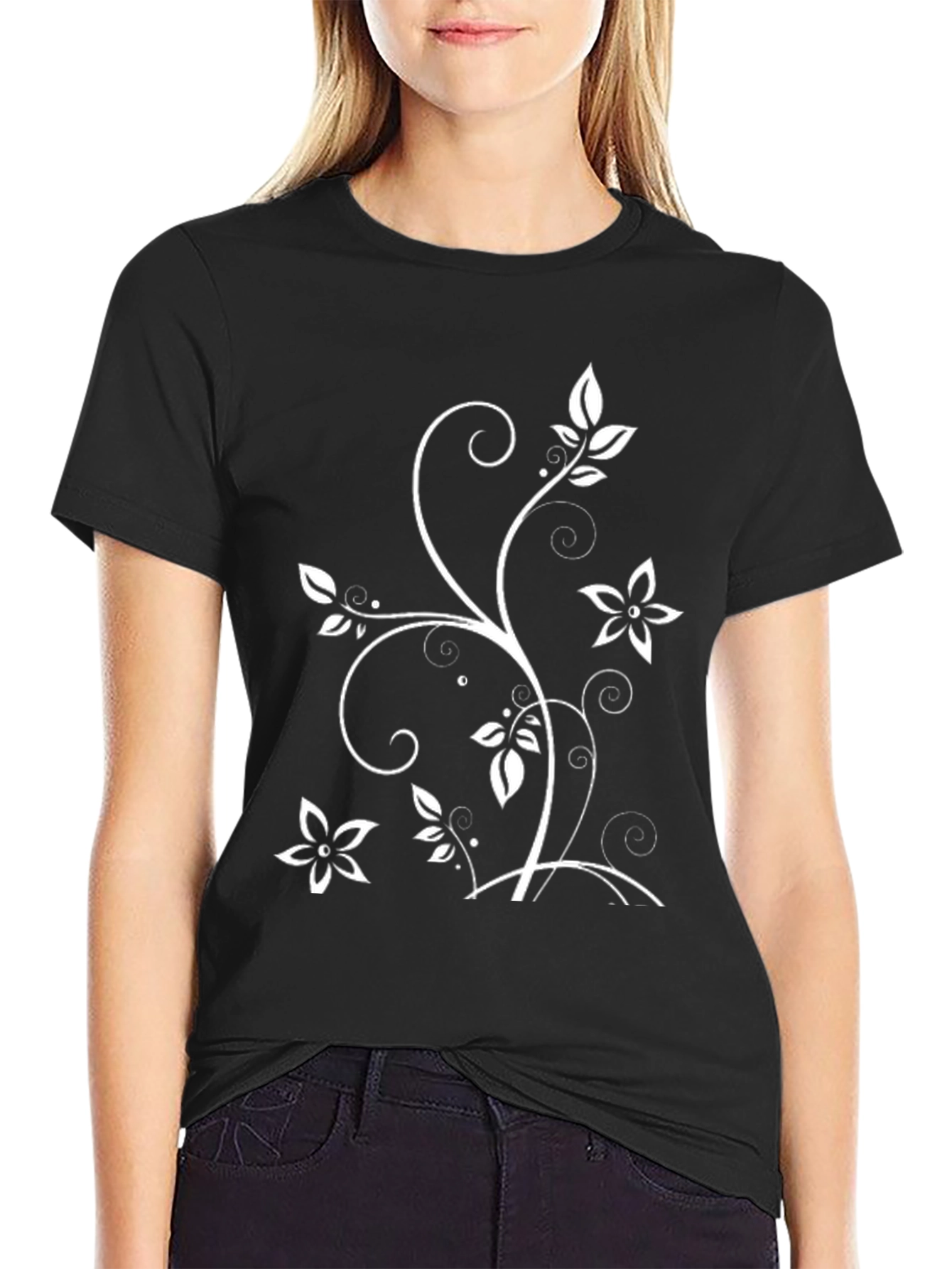Floral Vine Graphic Black T-Shirt
