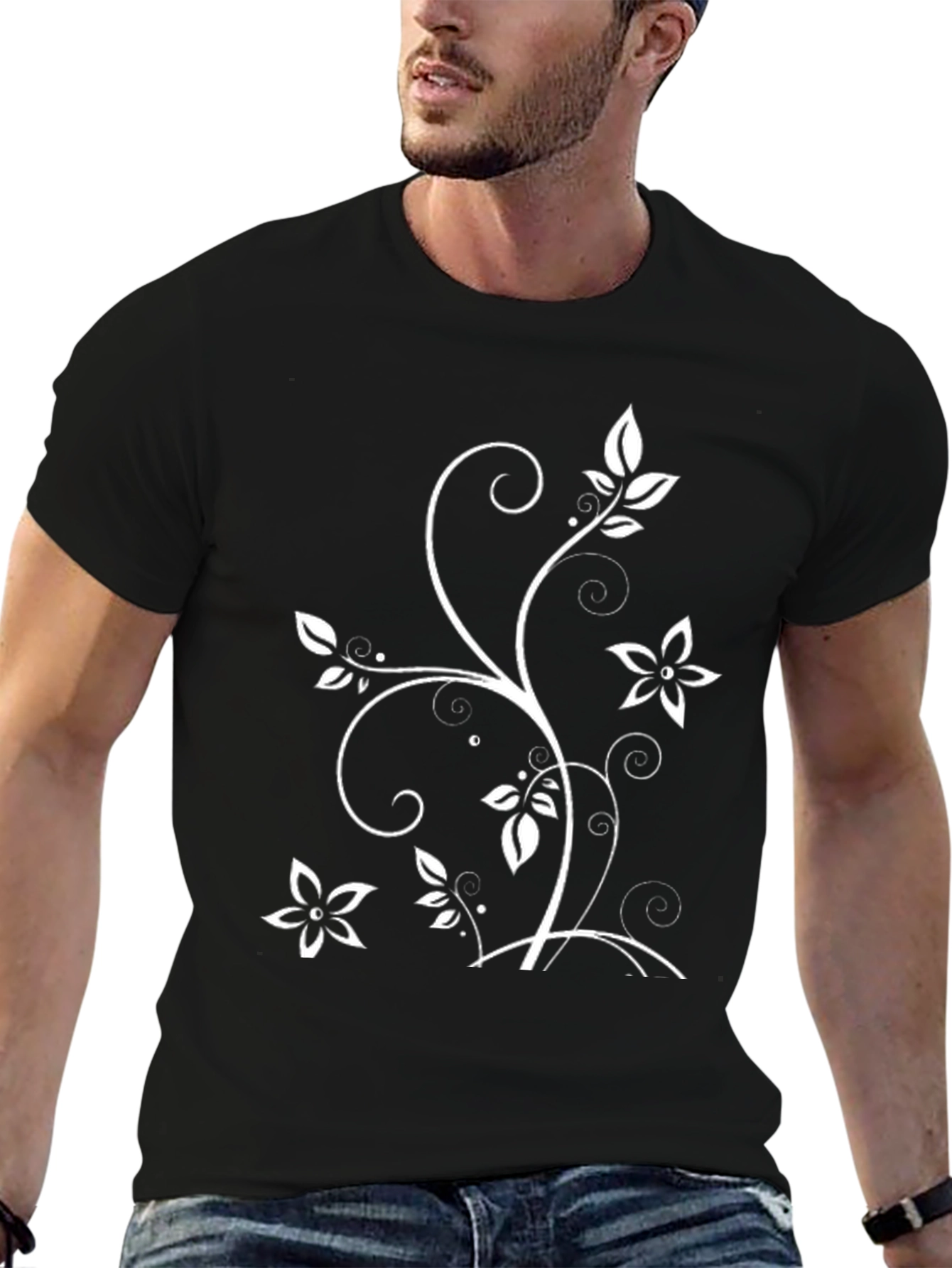 Floral Vine Graphic Black T-Shirt