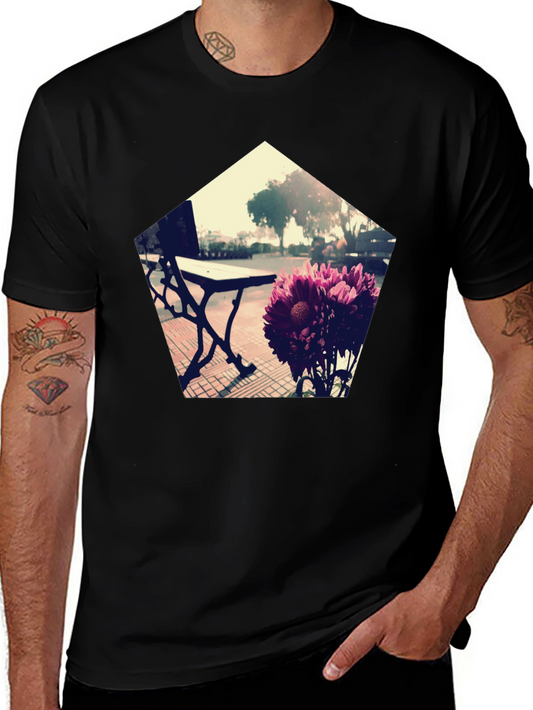 Modern Floral Bench Graphic Tee - Black Cotton Blend