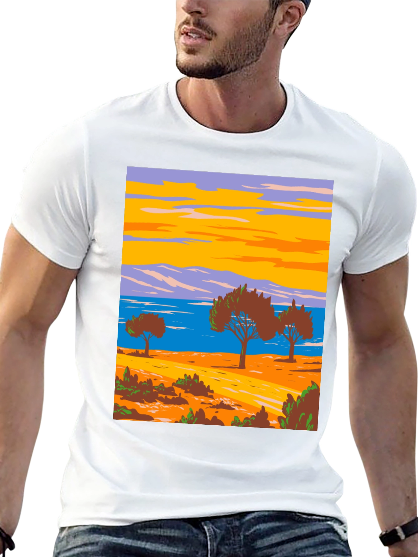 Scenic Landscape Graphic Tee - Black Cotton T-Shirt