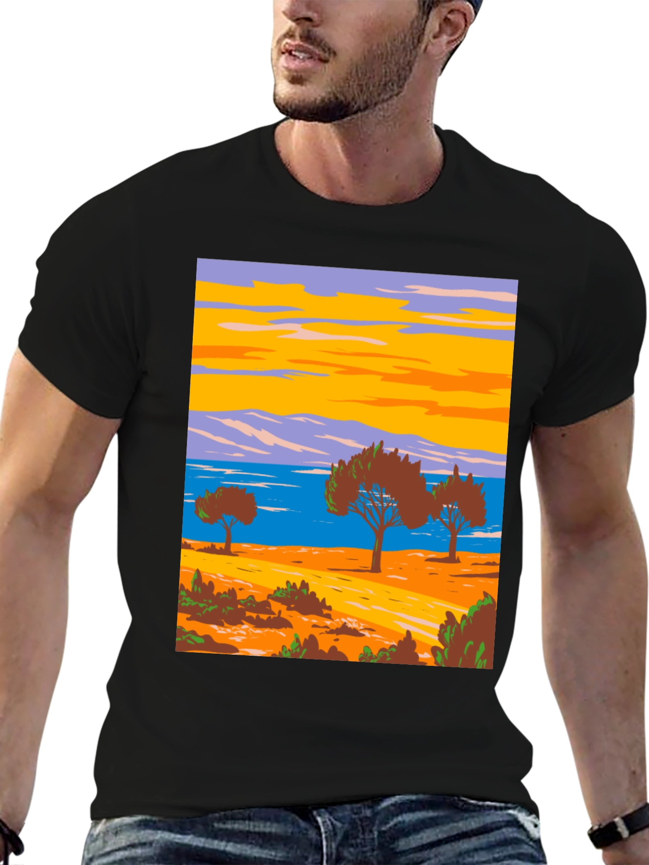 Scenic Landscape Graphic Tee - Black Cotton T-Shirt