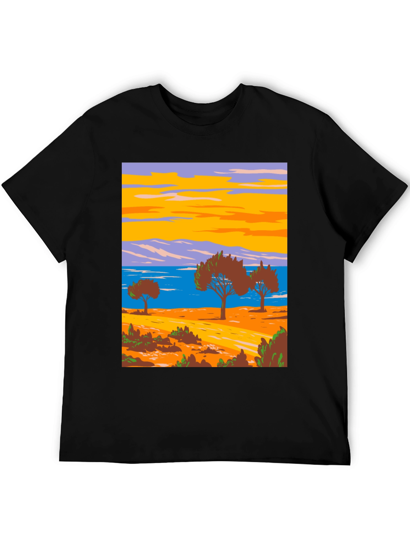 Scenic Landscape Graphic Tee - Black Cotton T-Shirt