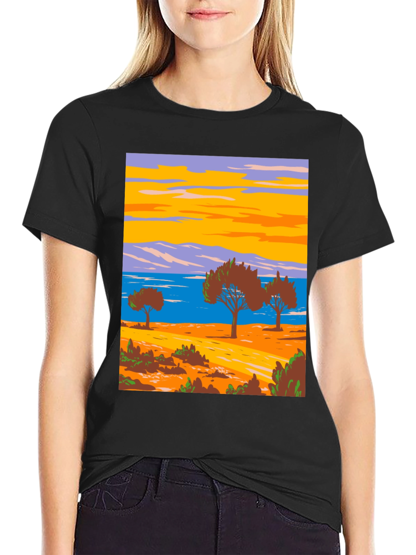 Scenic Landscape Graphic Tee - Black Cotton T-Shirt