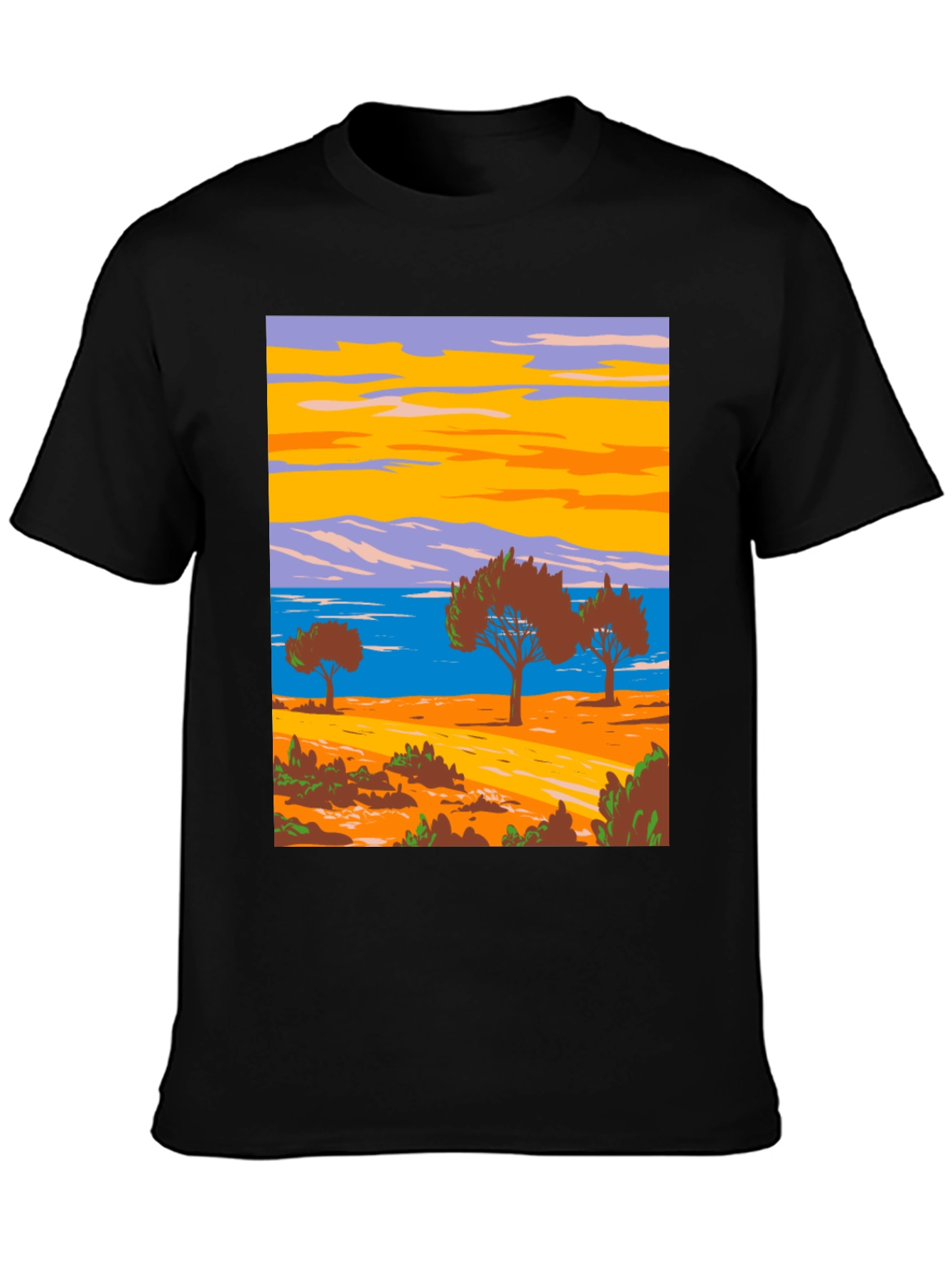 Scenic Landscape Graphic Tee - Black Cotton T-Shirt