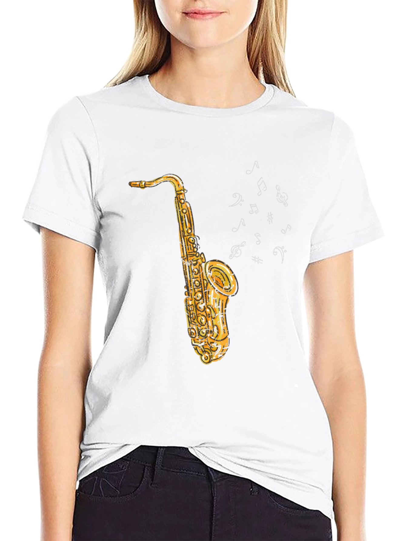 Saxophone Music Notes Graphic Black Tee