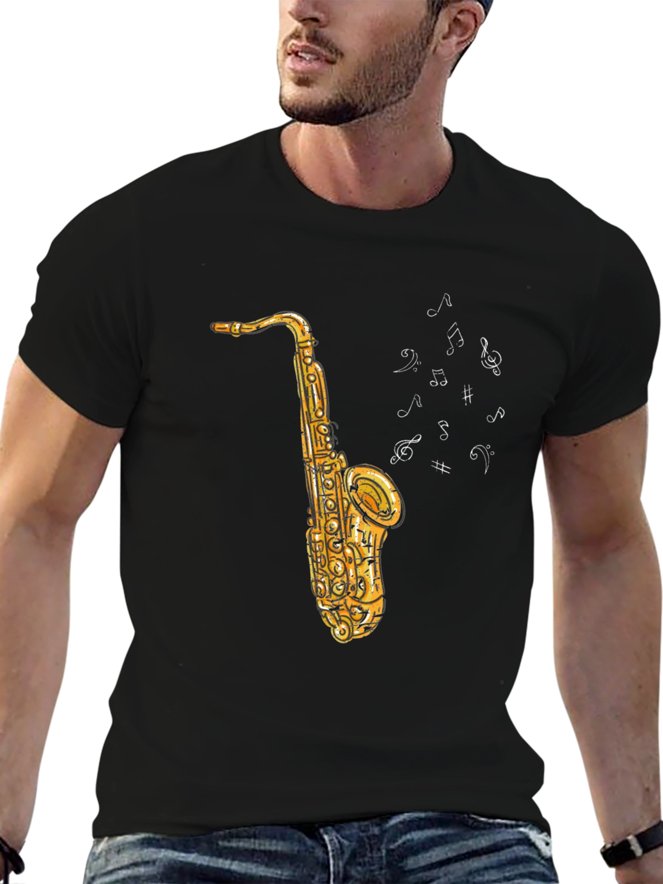 Saxophone Music Notes Graphic Black Tee