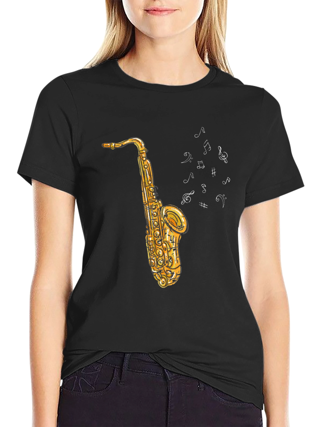 Saxophone Music Notes Graphic Black Tee