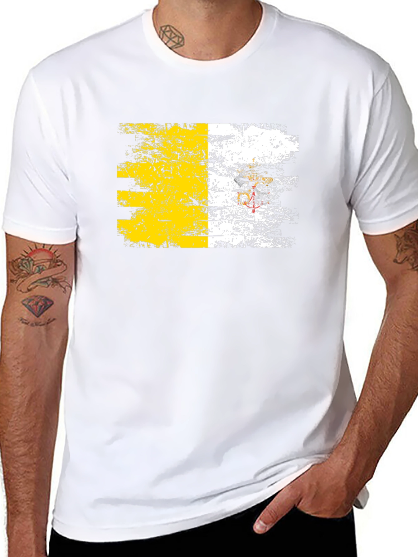 Vatican Flag Distressed Graphic Tee - Black