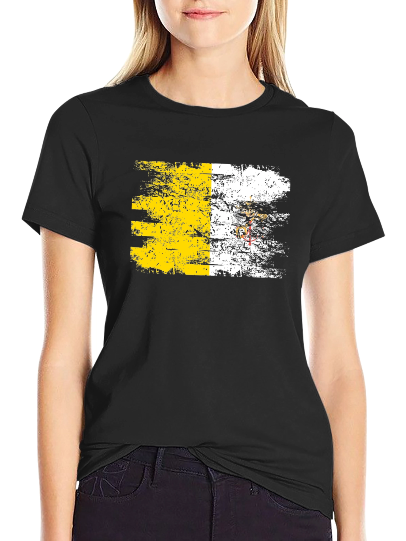 Vatican Flag Distressed Graphic Tee - Black