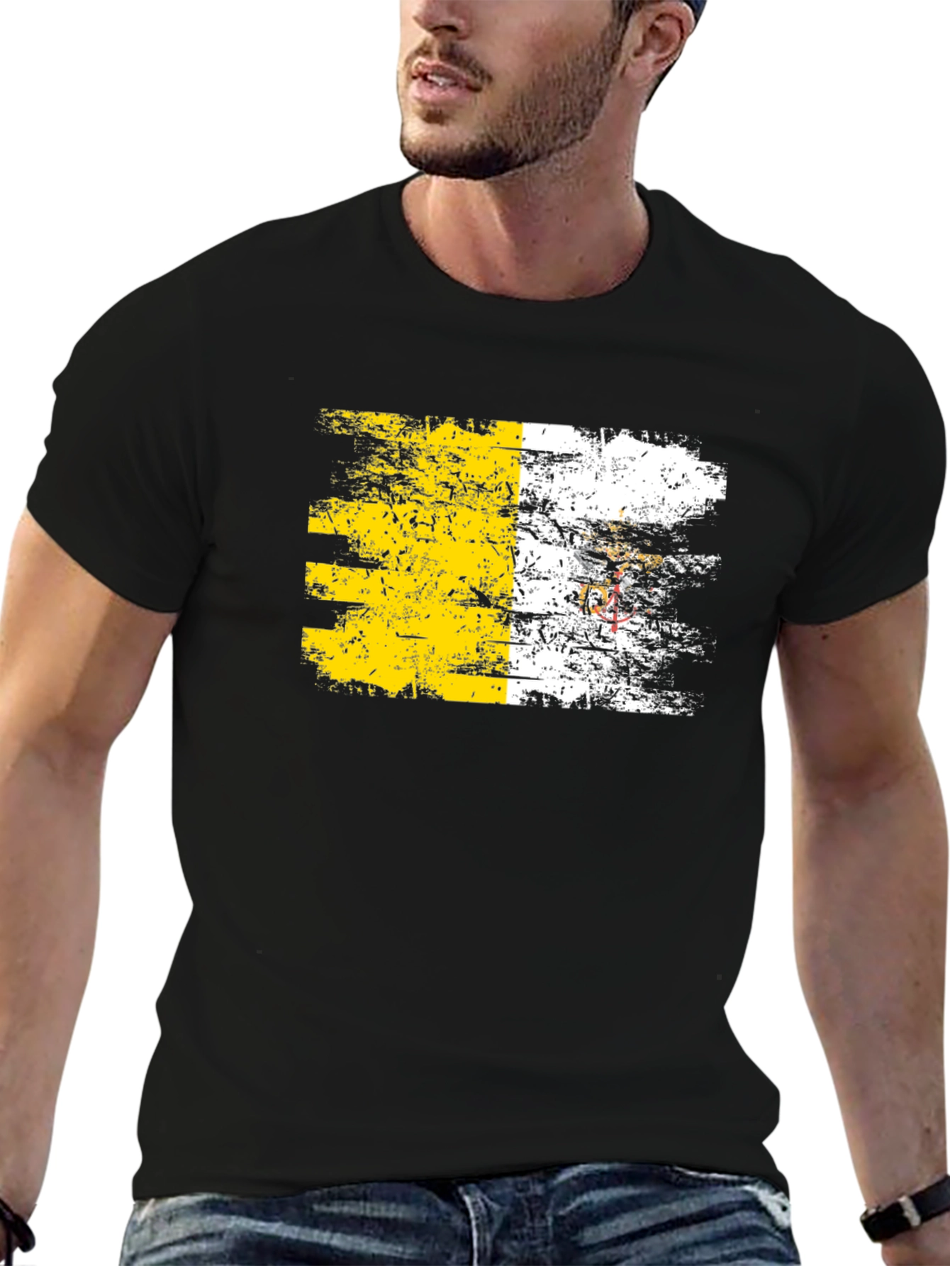 Vatican Flag Distressed Graphic Tee - Black