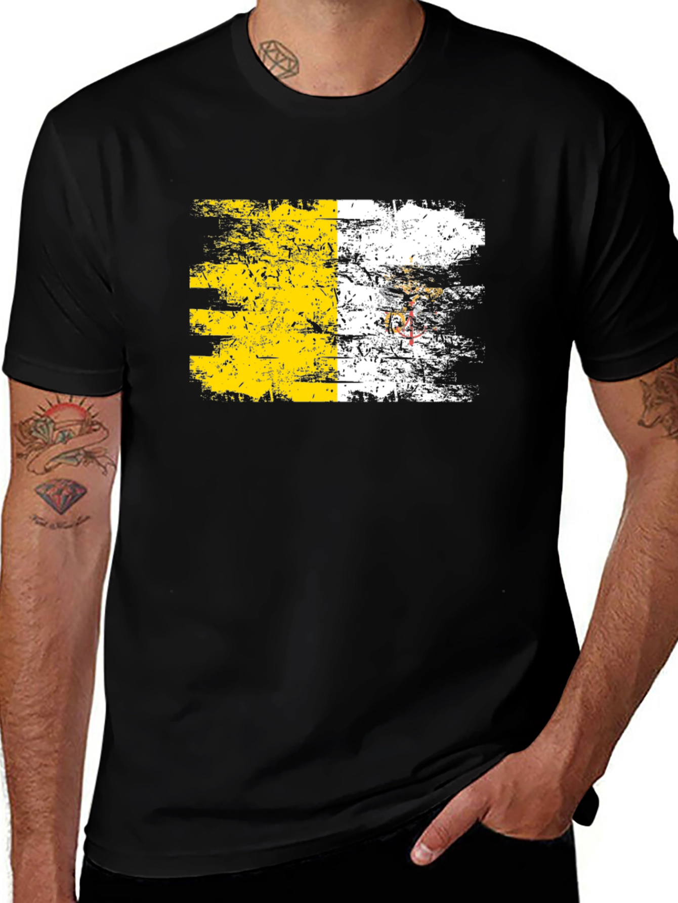 Vatican Flag Distressed Graphic Tee - Black