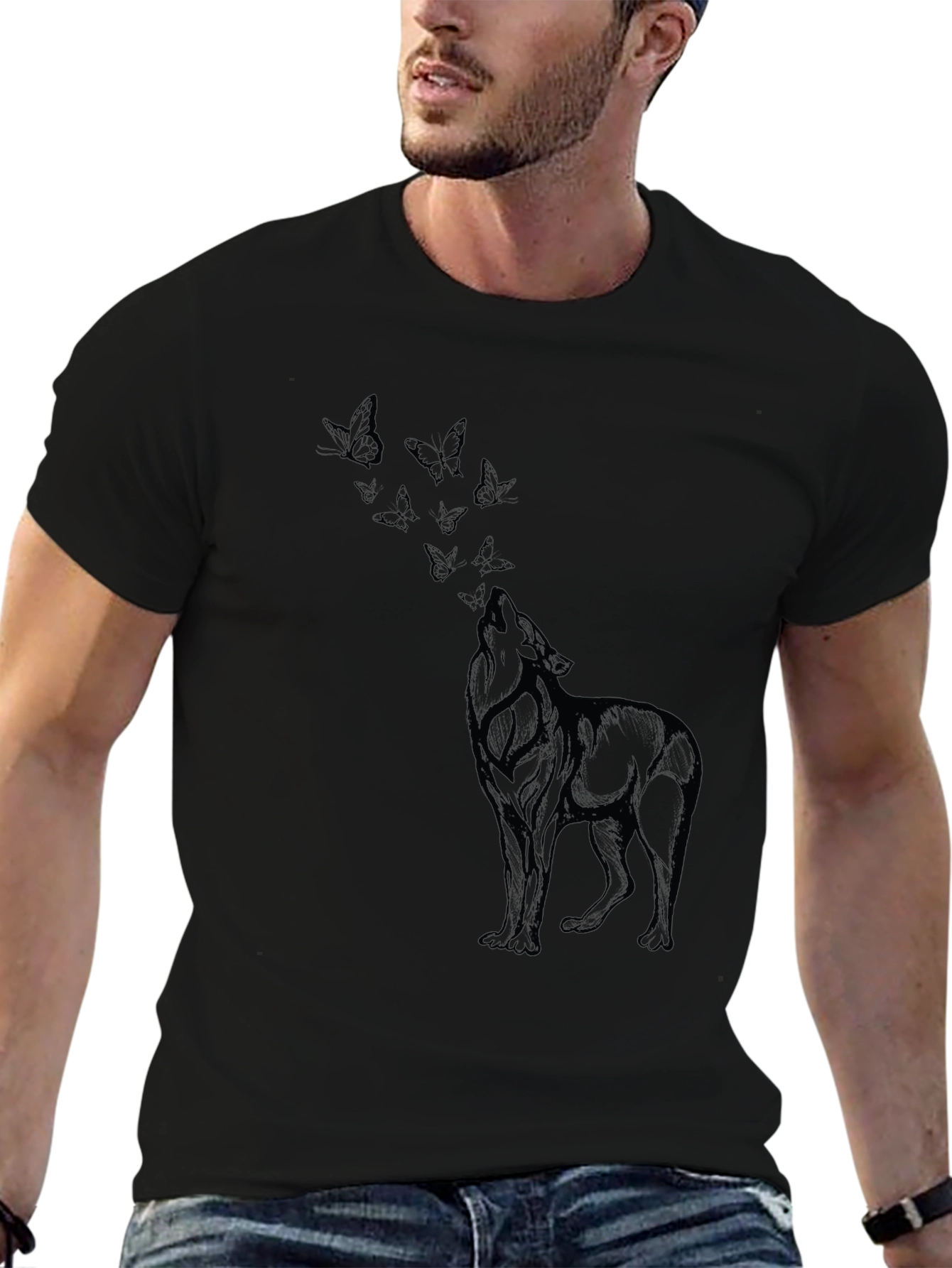 Wolf & Butterfly Graphic Tee - Black