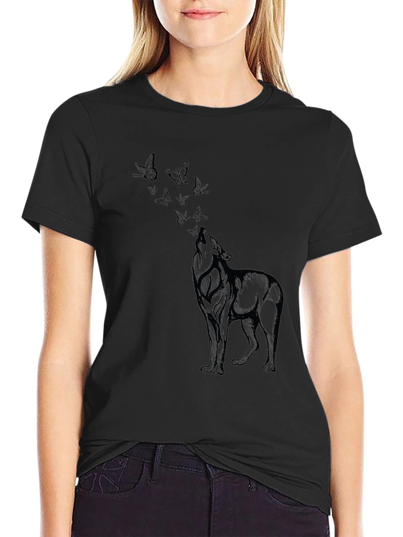 Wolf & Butterfly Graphic Tee - Black