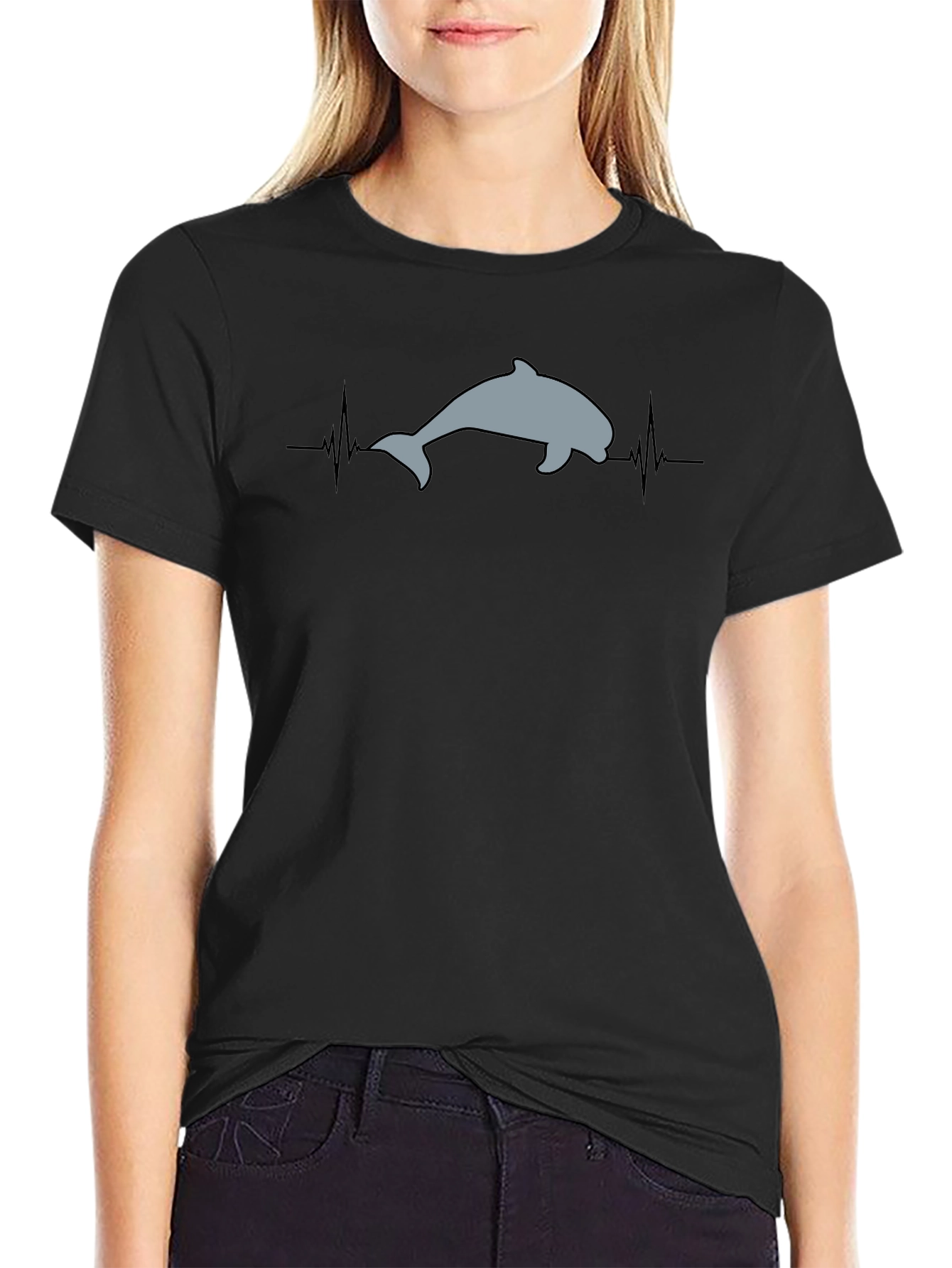 Dolphin Heartbeat T-Shirt - Black Cotton Tee