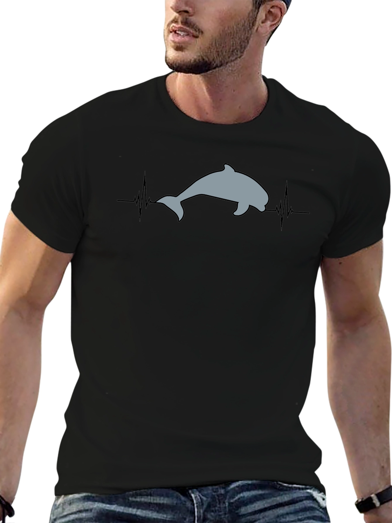 Dolphin Heartbeat T-Shirt - Black Cotton Tee