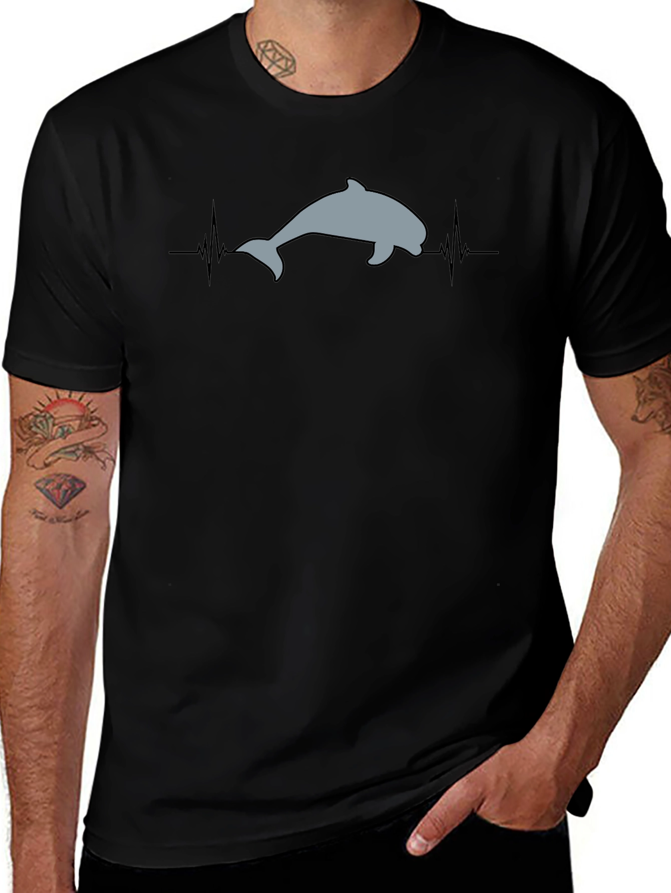 Dolphin Heartbeat T-Shirt - Black Cotton Tee