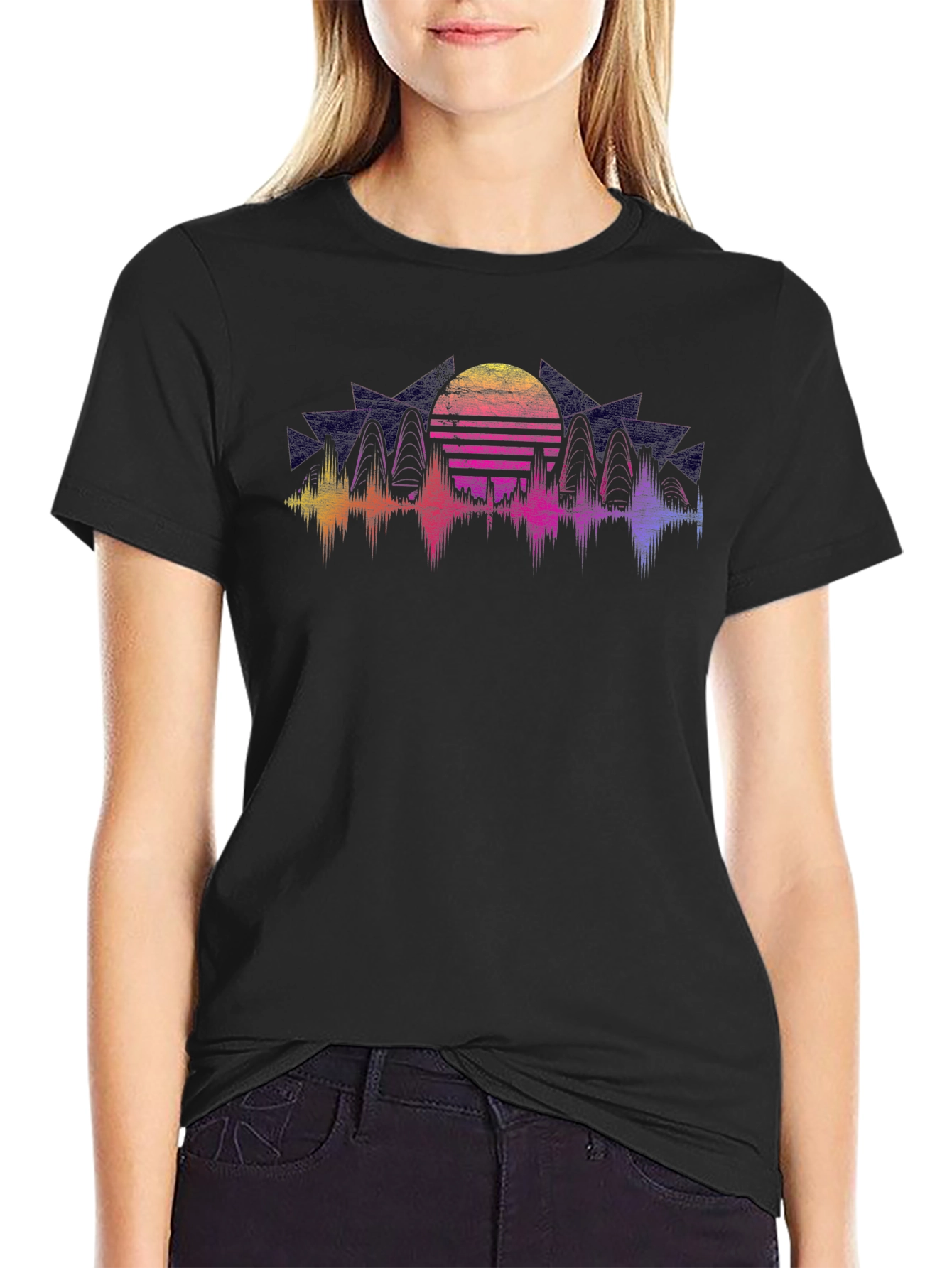 Retro Sunset Graphic Tee - Black Crew Neck Shirt
