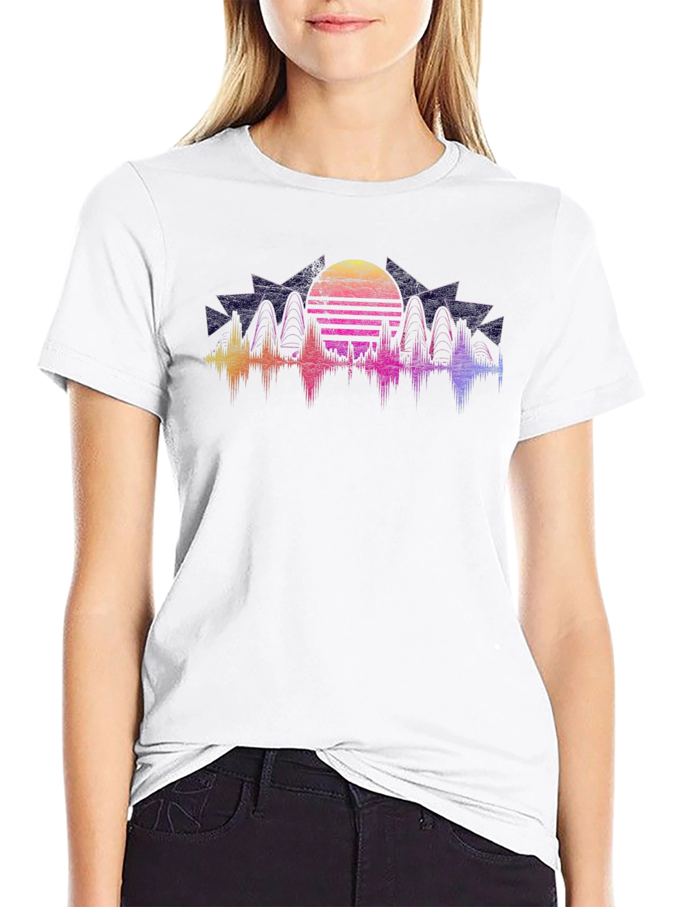 Retro Sunset Graphic Tee - Black Crew Neck Shirt