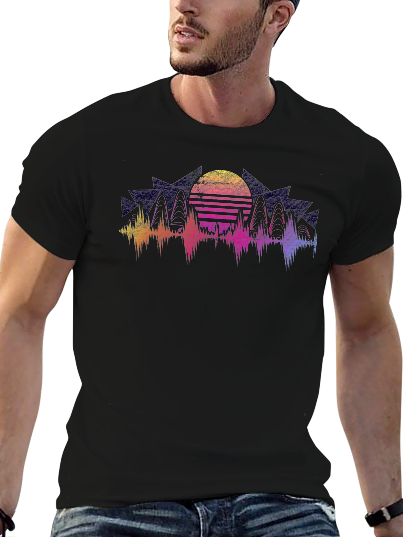 Retro Sunset Graphic Tee - Black Crew Neck Shirt