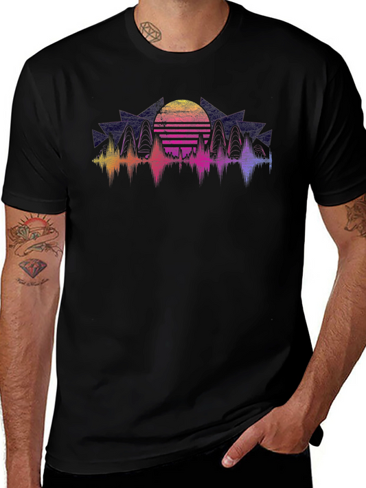 Retro Sunset Graphic Tee - Black Crew Neck Shirt