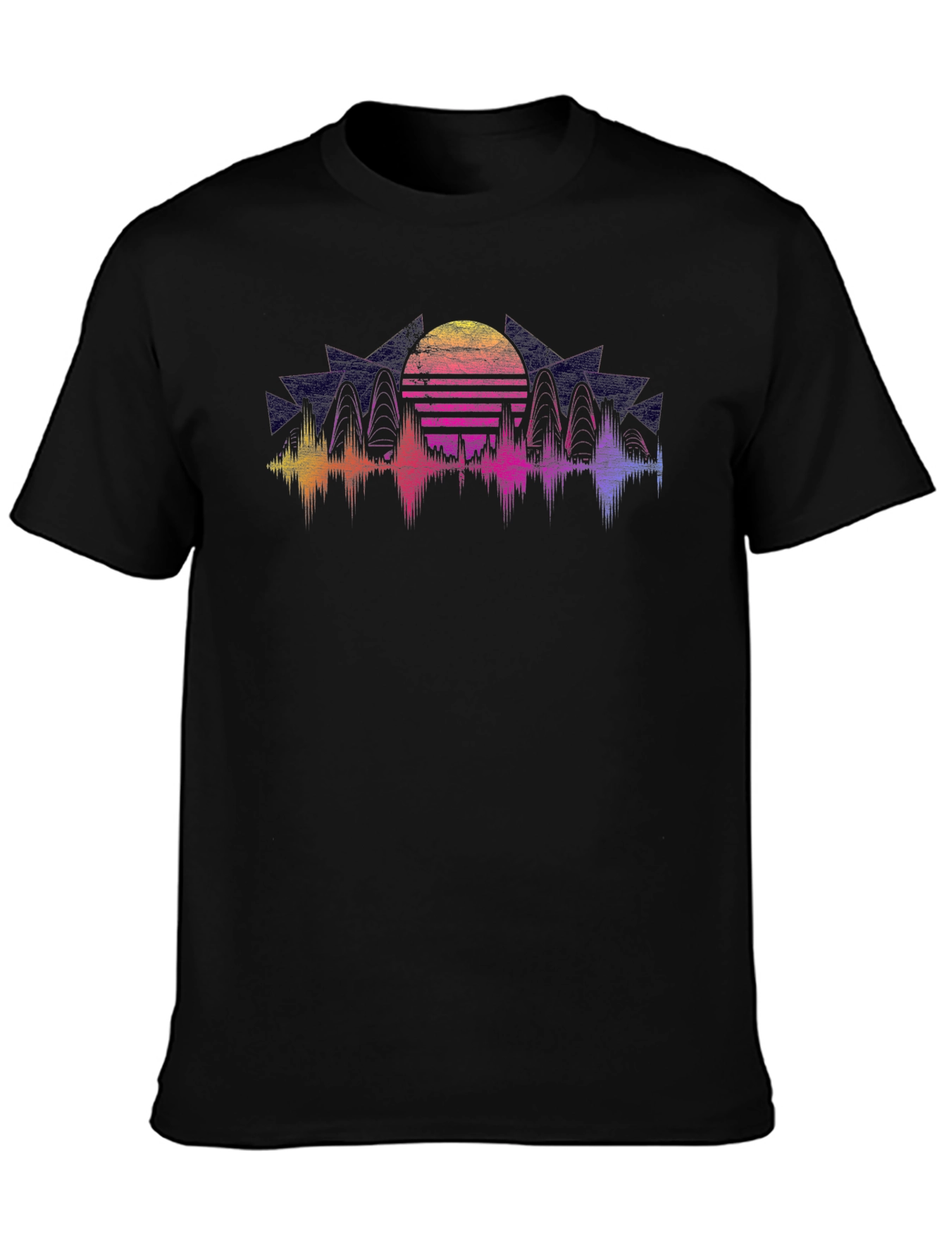 Retro Sunset Graphic Tee - Black Crew Neck Shirt