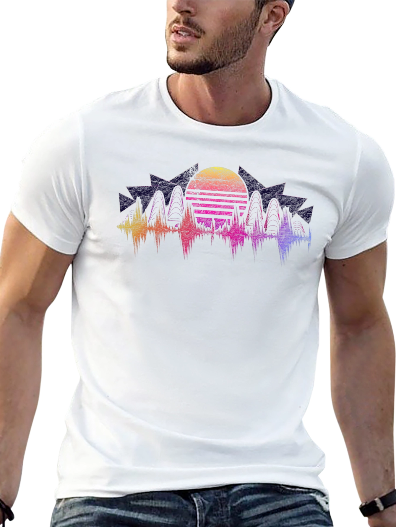 Retro Sunset Graphic Tee - Black Crew Neck Shirt