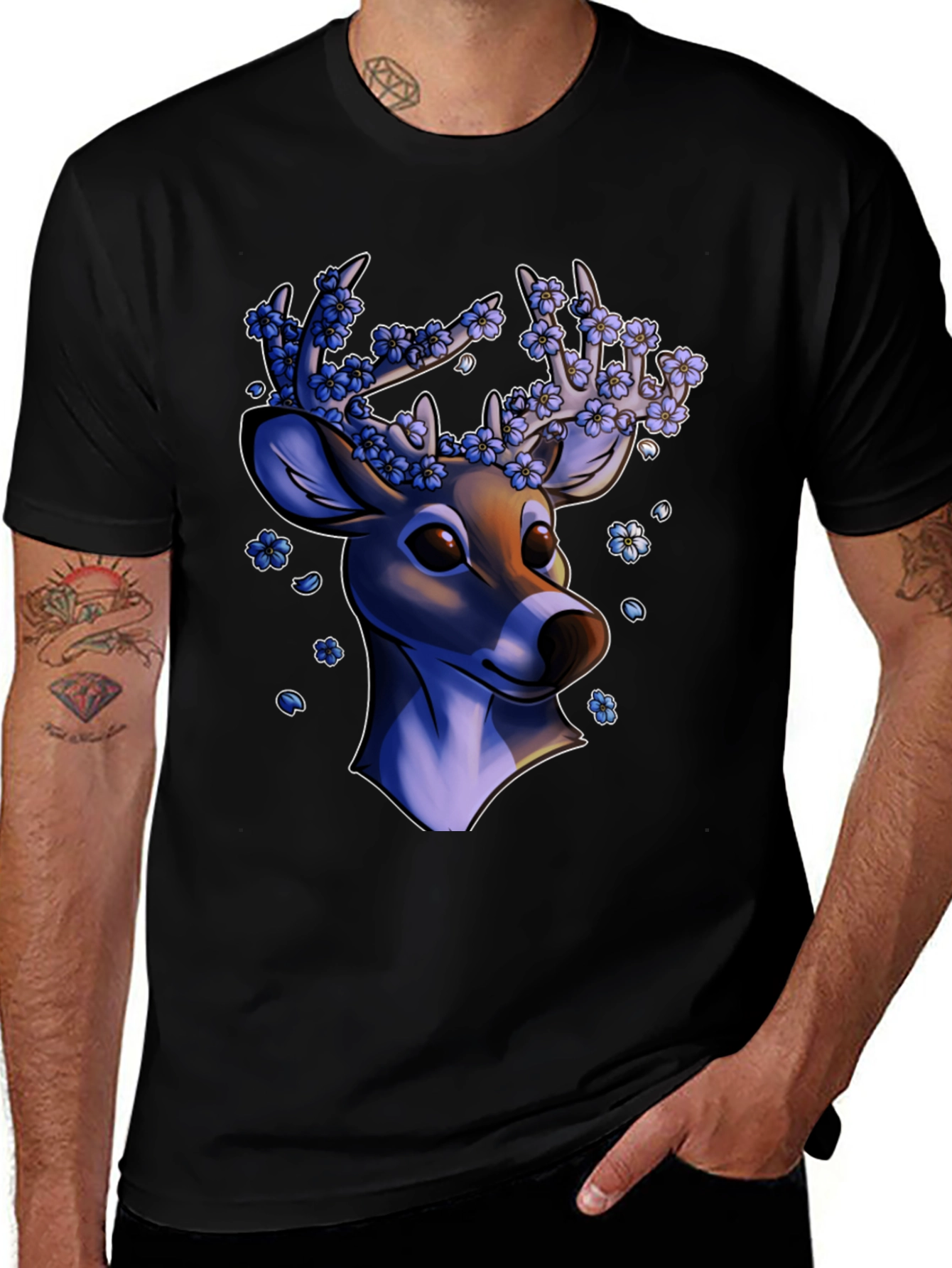 Floral Deer Graphic Tee - Black Unisex T-Shirt
