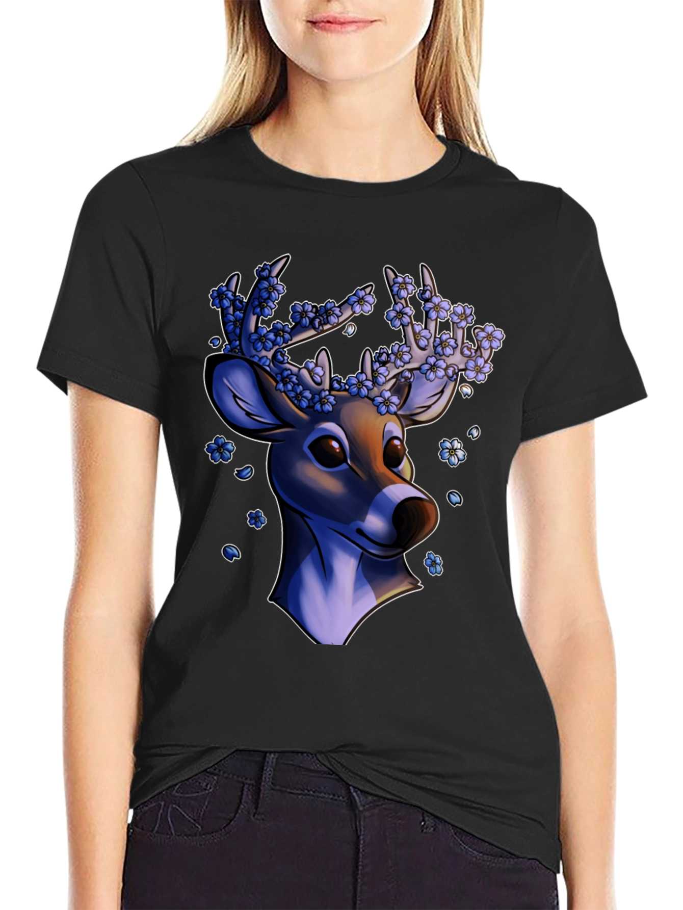 Floral Deer Graphic Tee - Black Unisex T-Shirt
