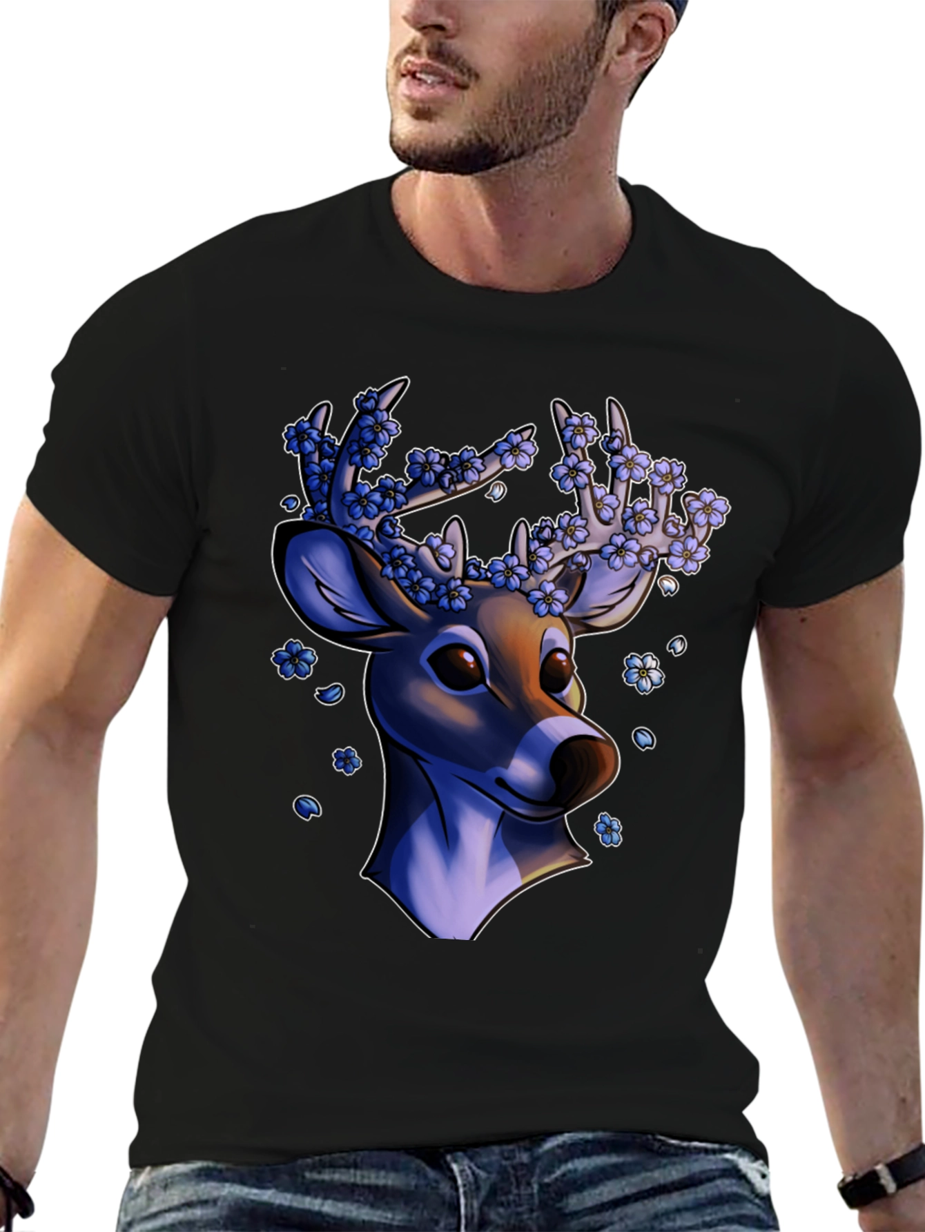 Floral Deer Graphic Tee - Black Unisex T-Shirt