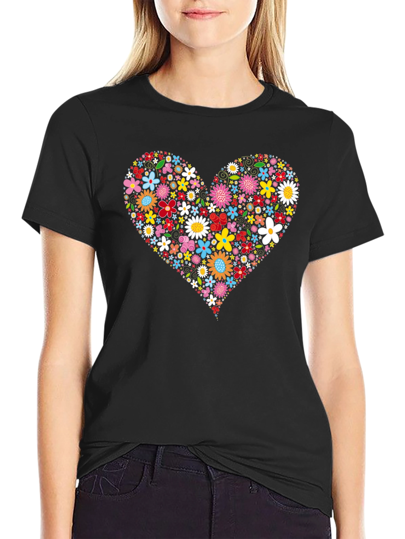 Floral Heart Graphic T-Shirt - Black