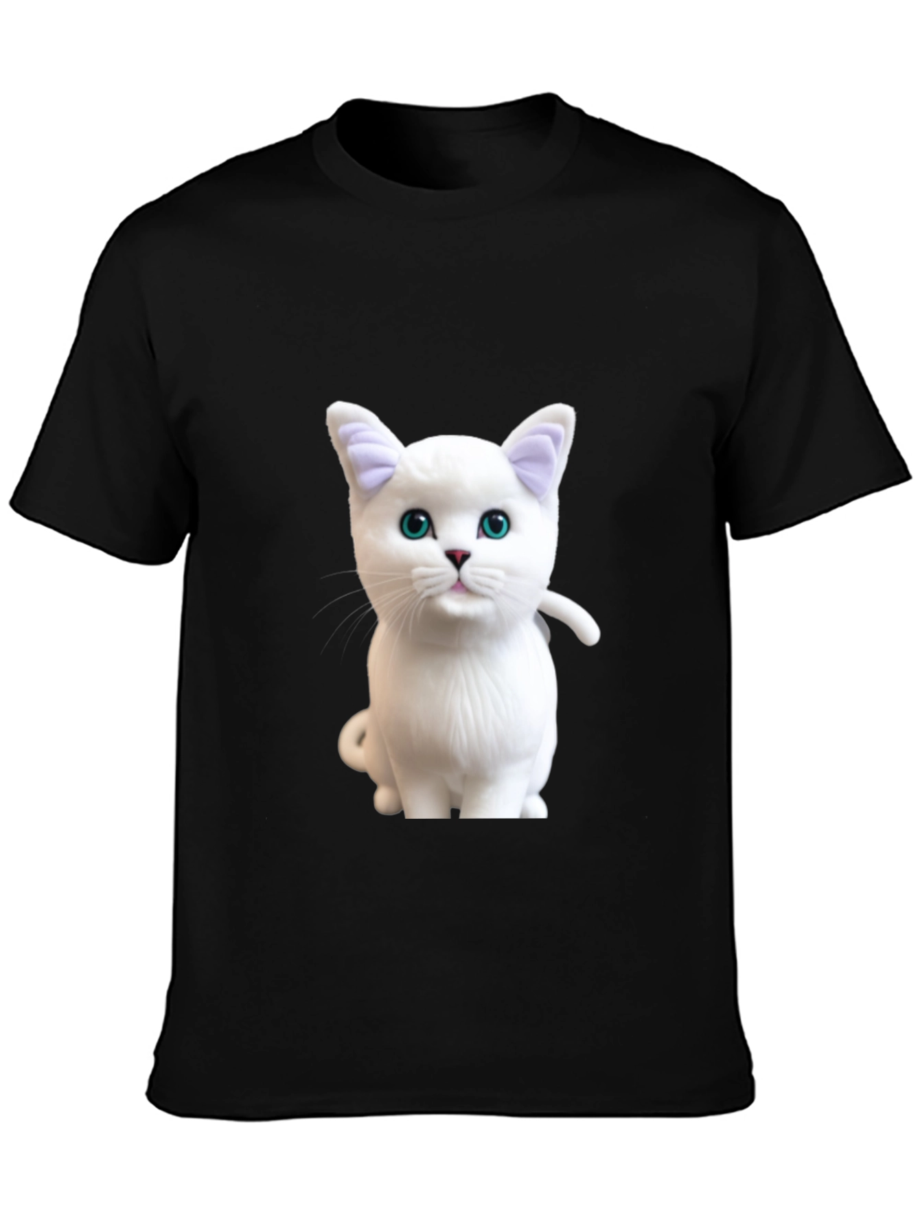 Cute White Cat Graphic Print Black T-Shirt