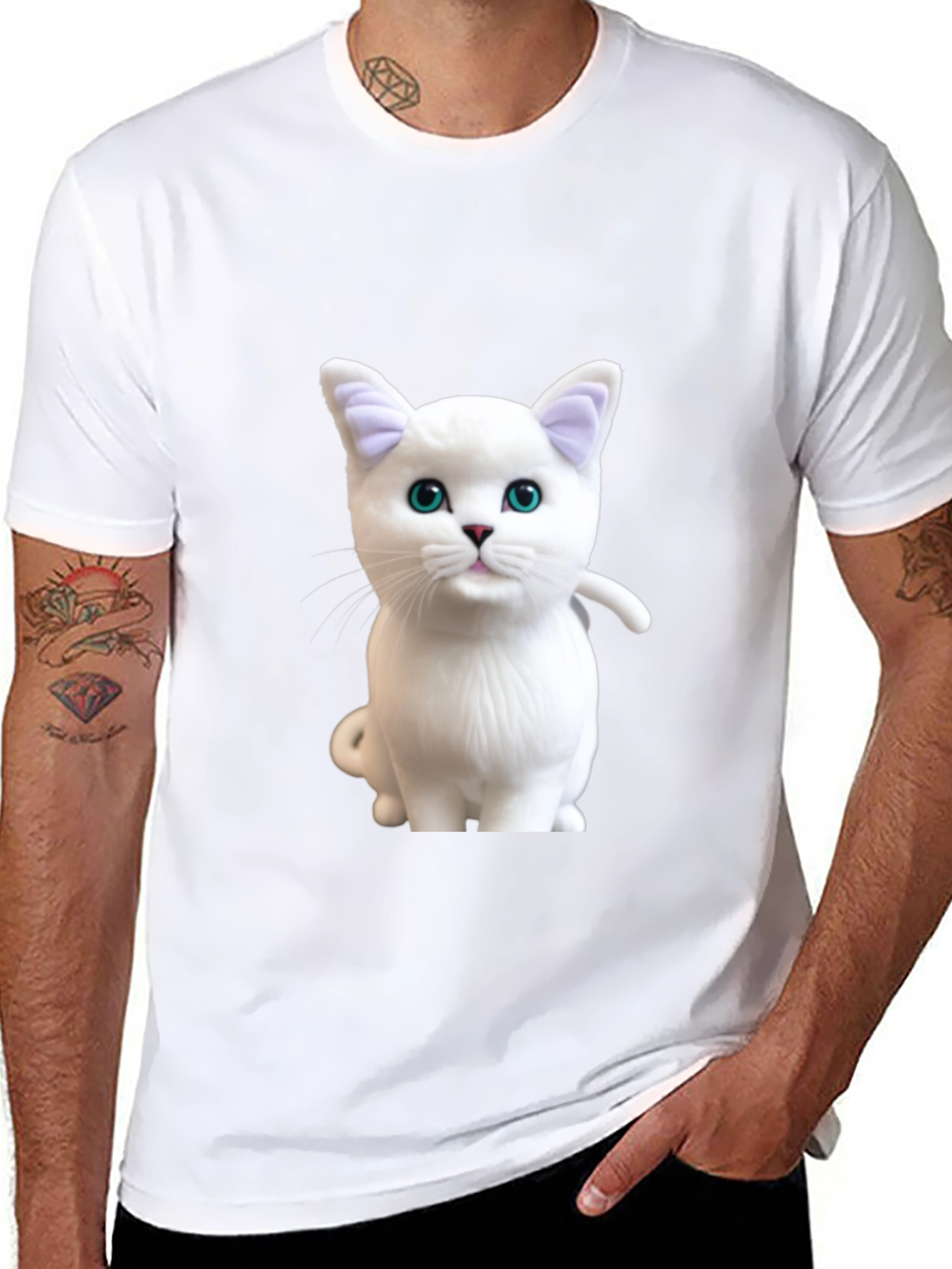 Cute White Cat Graphic Print Black T-Shirt