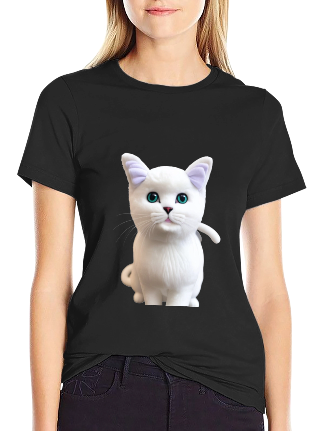 Cute White Cat Graphic Print Black T-Shirt