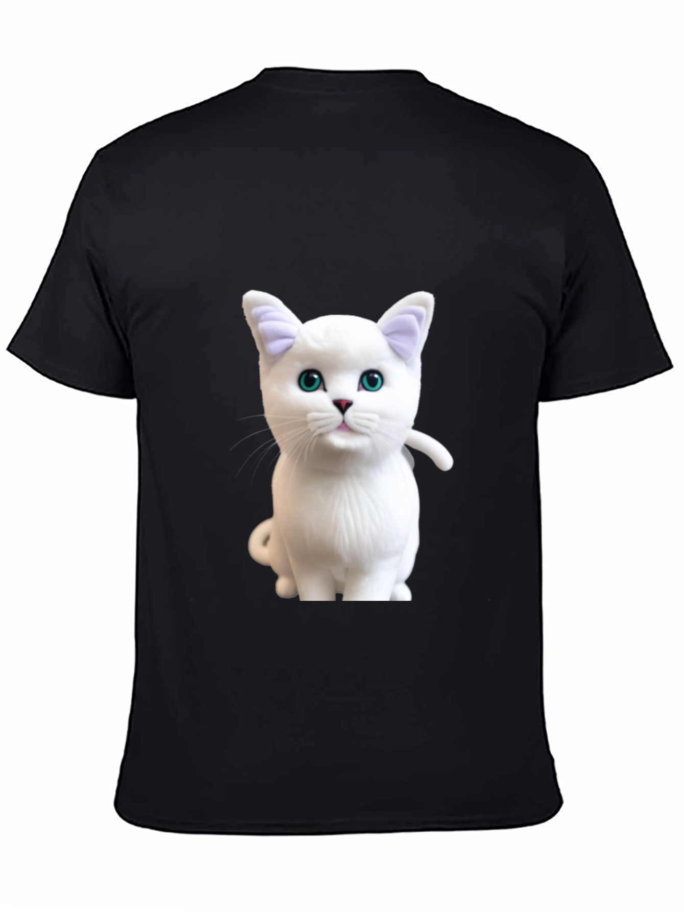 Cute White Cat Graphic Print Black T-Shirt